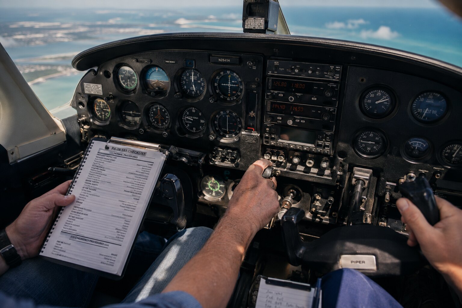 Cockpit view of N7859N over the Gulf coastline